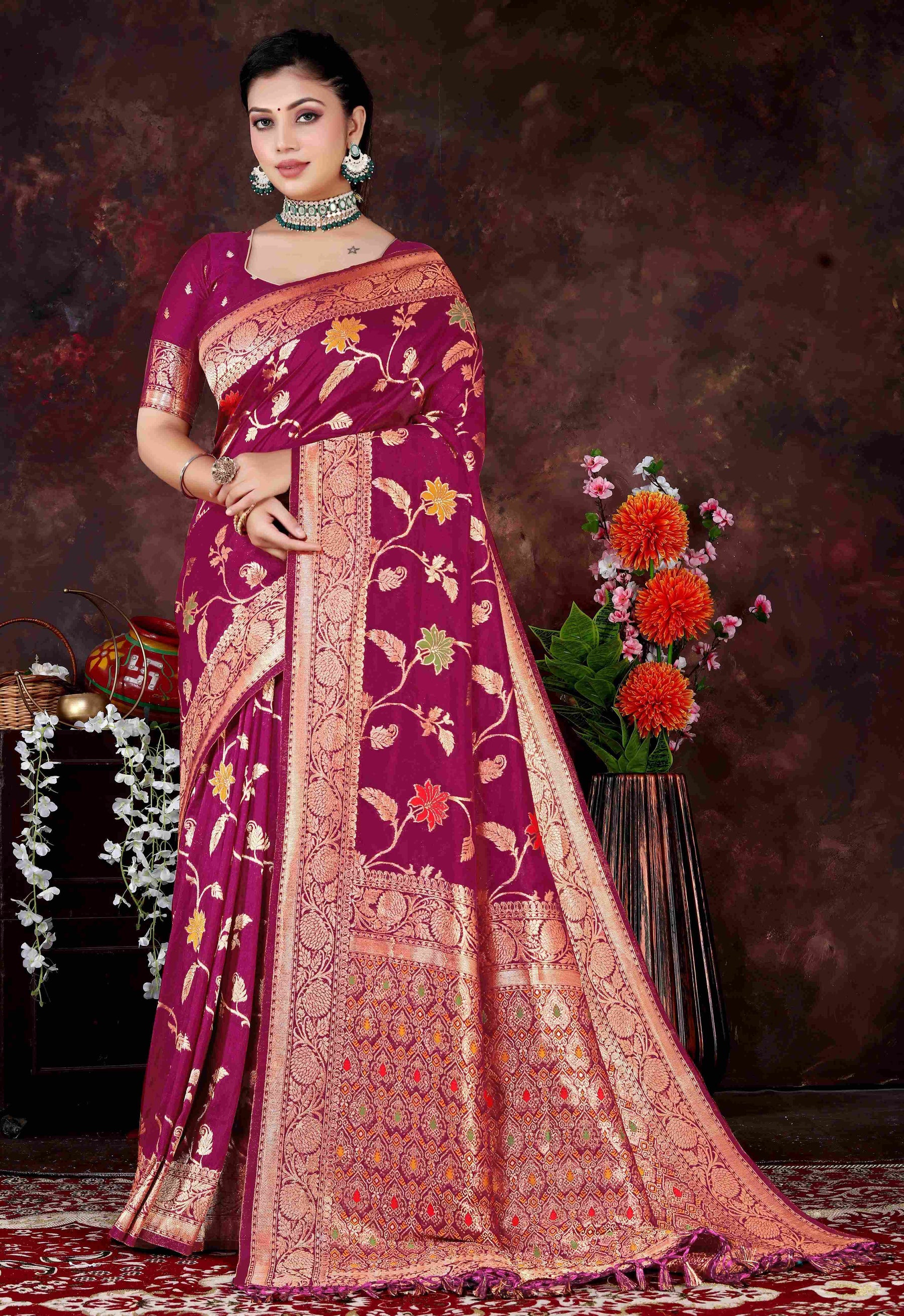 Elegant Dola Silk Saree with Detailed Zari work – Ideal for Weddings & Celebrations