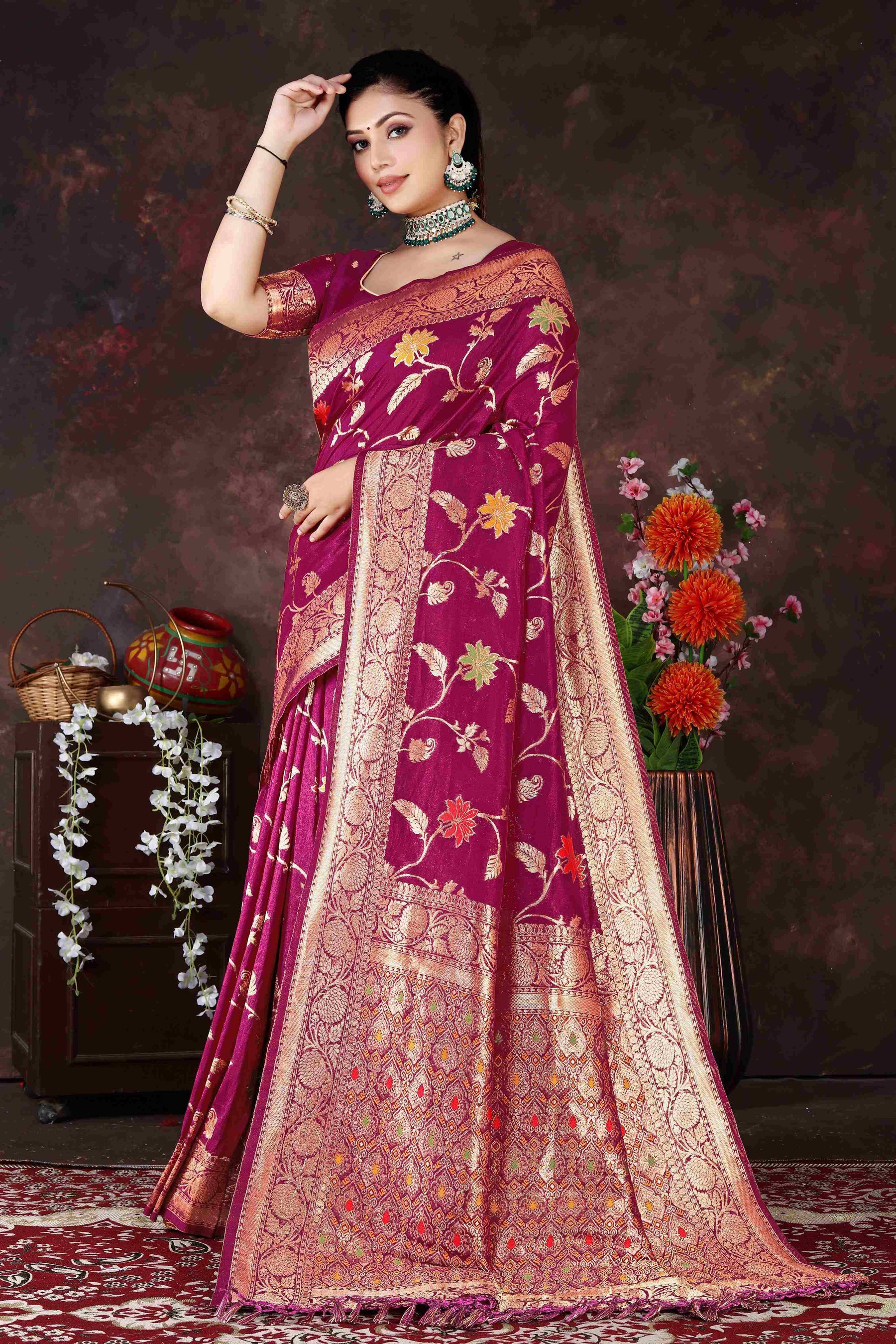 Elegant Dola Silk Saree with Detailed Zari work – Ideal for Weddings & Celebrations