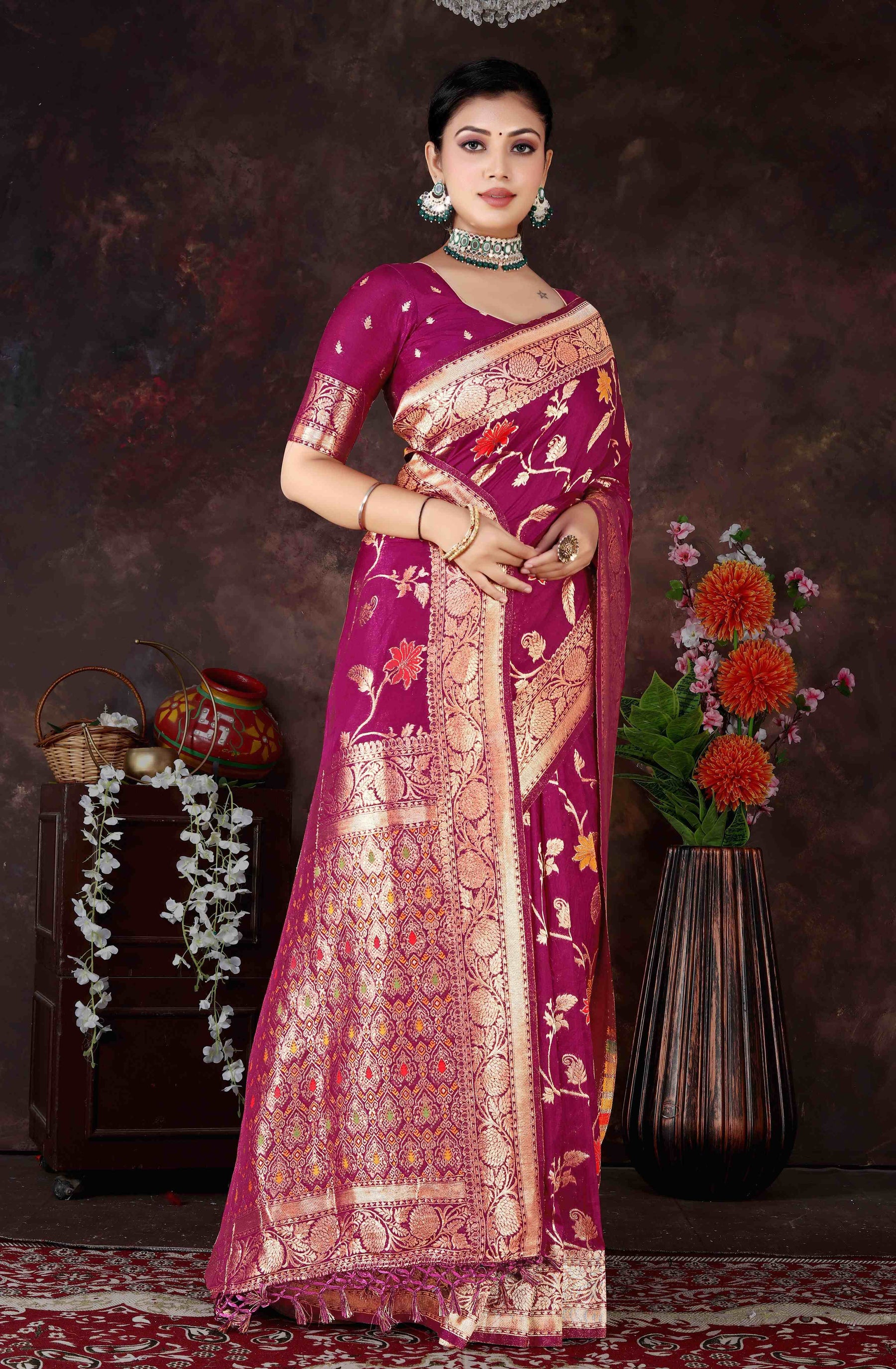 Elegant Dola Silk Saree with Detailed Zari work – Ideal for Weddings & Celebrations