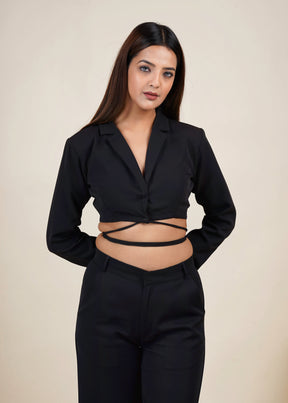 BLACK CROPPED TIE STRING BLAZER CO-ORD SET WITH FLARED PANT - Maharanga