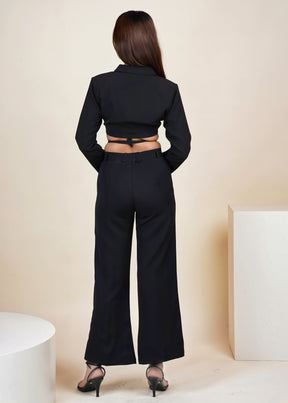 BLACK CROPPED TIE STRING BLAZER CO-ORD SET WITH FLARED PANT - Maharanga