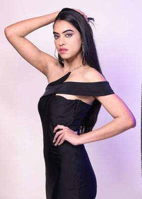 DACRON ONE SHOULDER SLIM FIT SLIT ON LONG DRESS - Maharanga