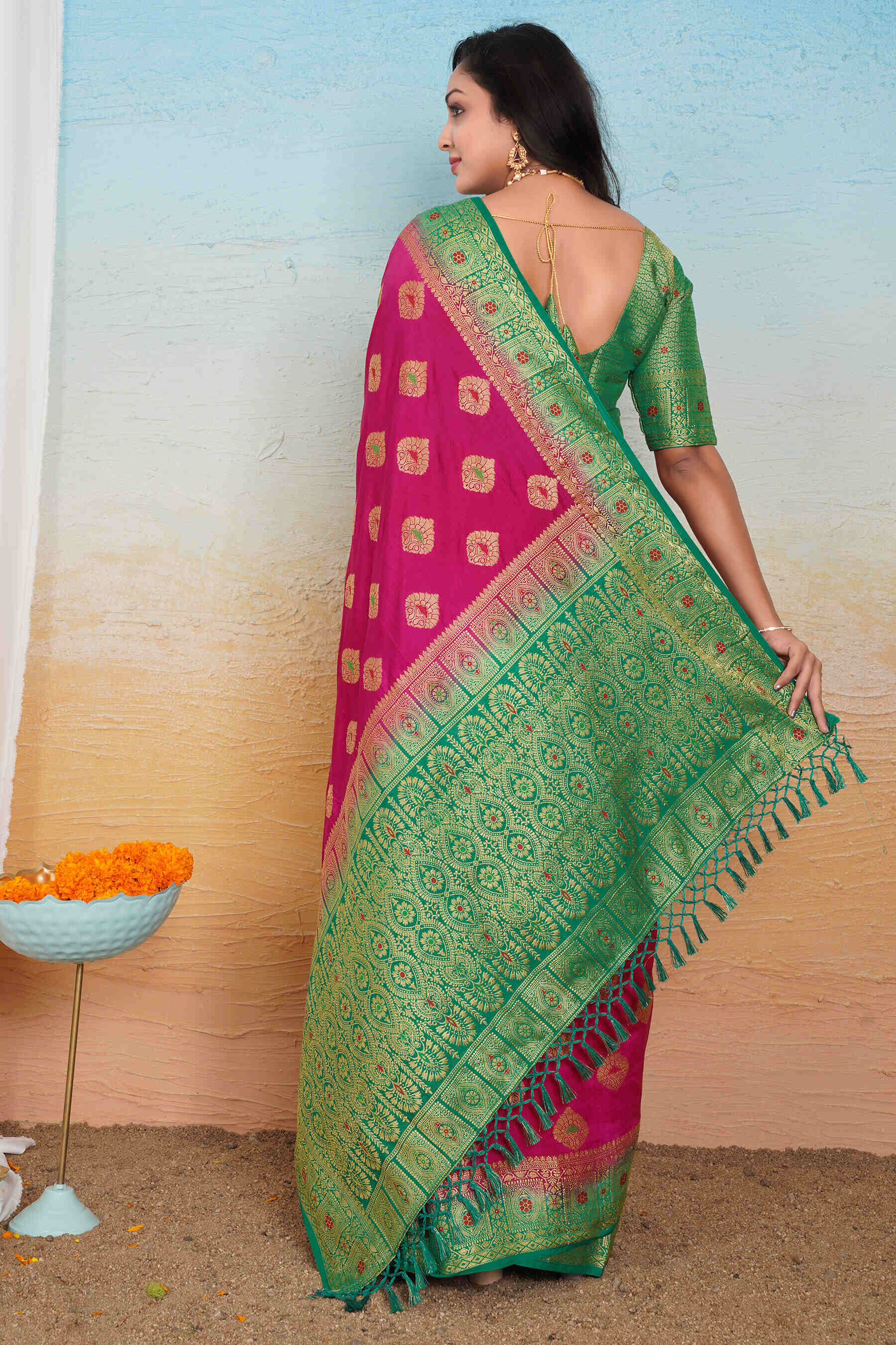 Rani Color Jacquard Silk Saree with Zari Work – Elegant & Timeless Design