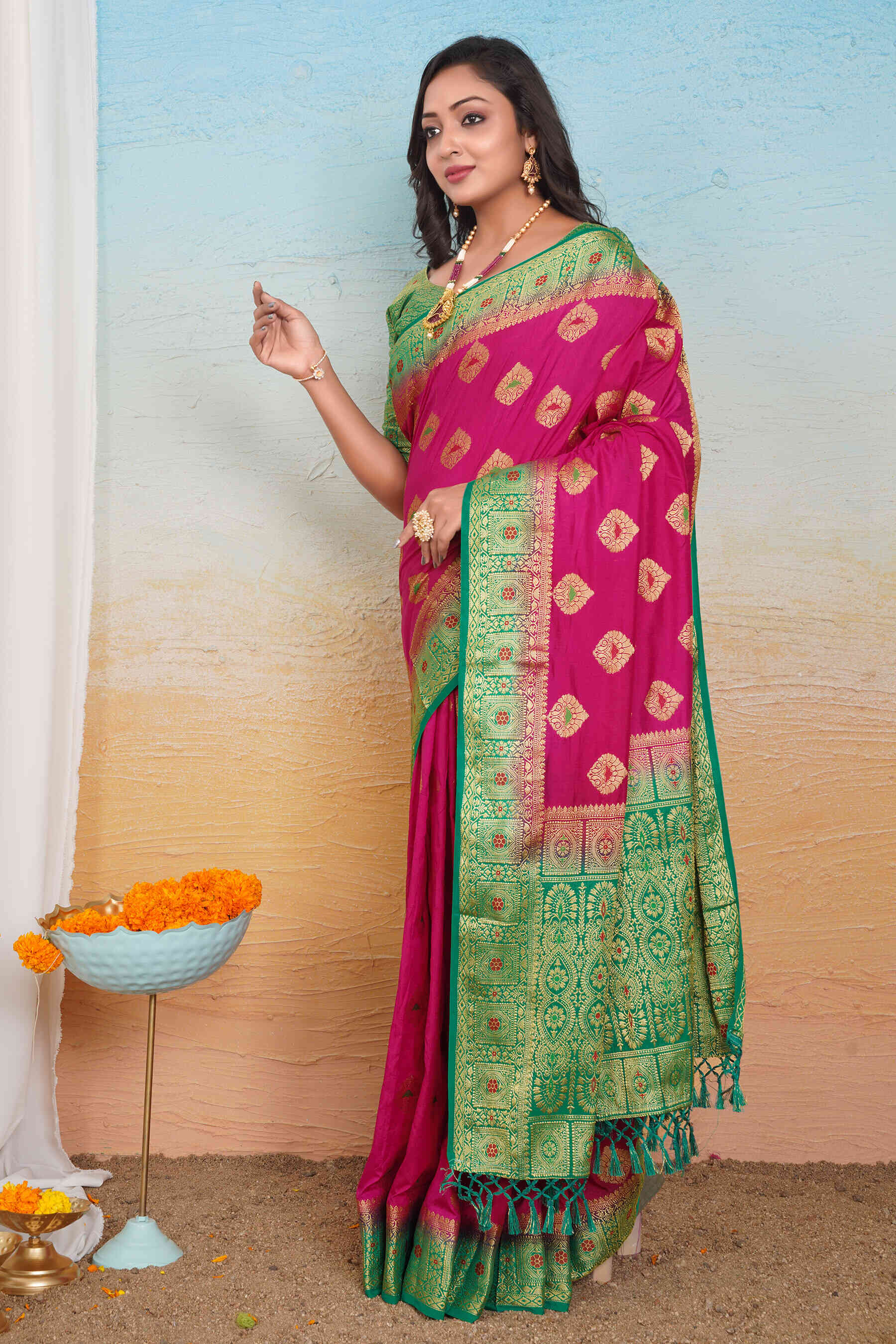 Rani Color Jacquard Silk Saree with Zari Work – Elegant & Timeless Design