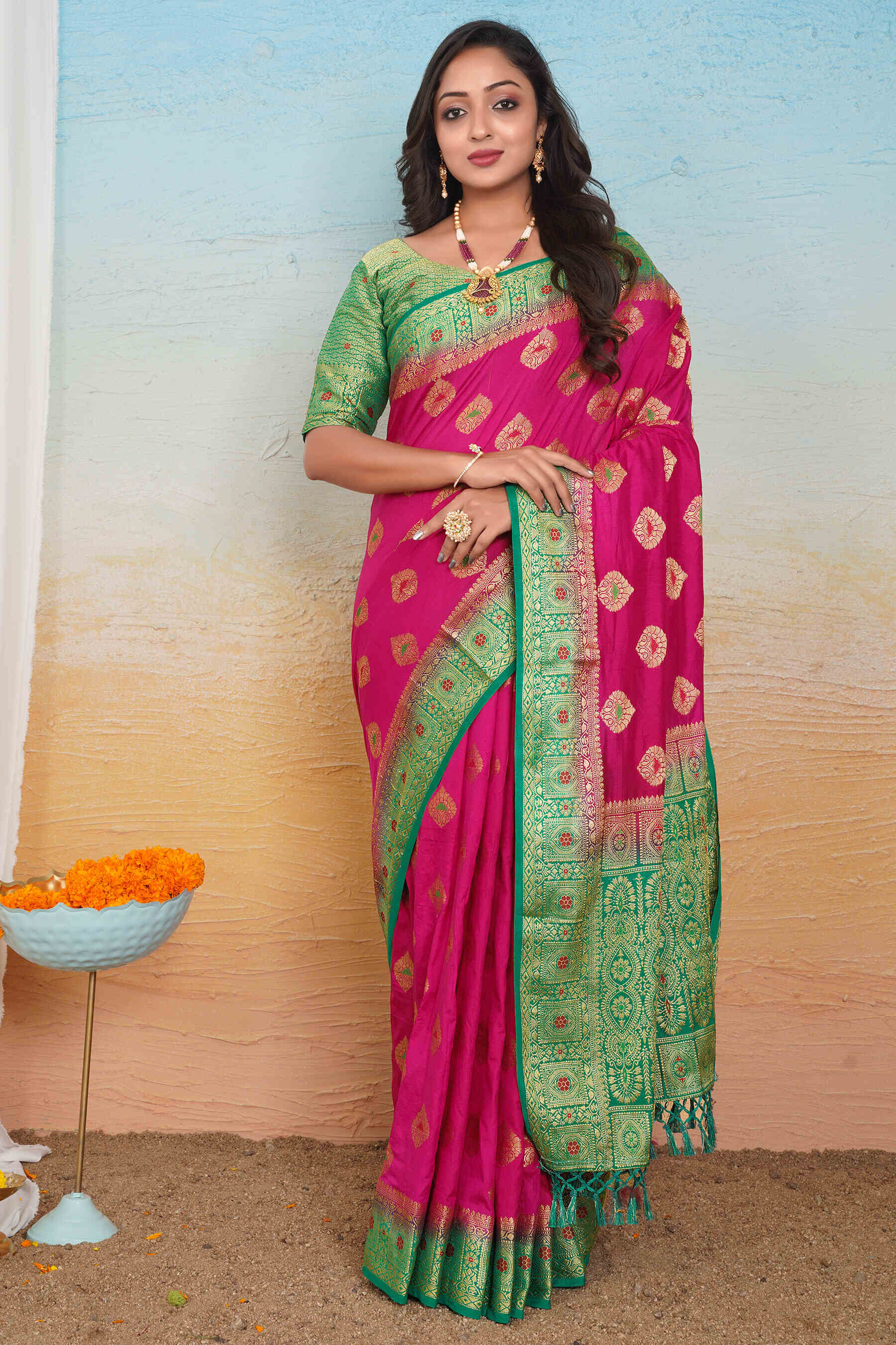 Rani Color Jacquard Silk Saree with Zari Work – Elegant & Timeless Design