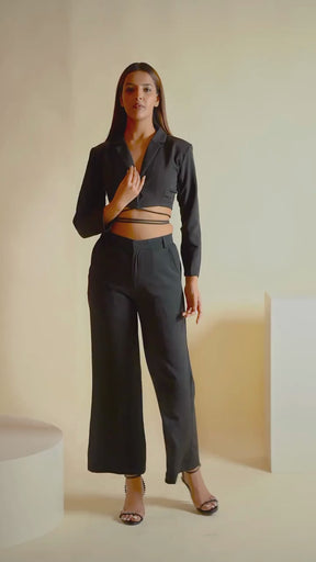 BLACK CROPPED TIE STRING BLAZER CO-ORD SET WITH FLARED PANT