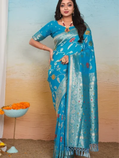 acqua blue dola silk saree with floral motifs silver zari border and tassel pallu