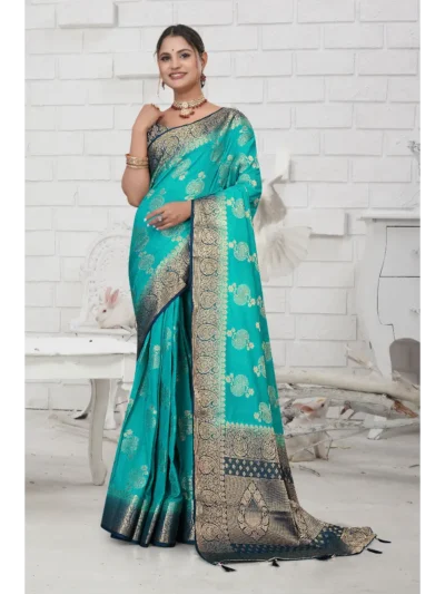 Aqua crepe silk saree with zari work border and designer pallu