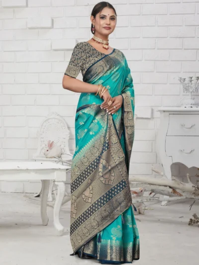 Aqua crepe silk saree full view with zari work border