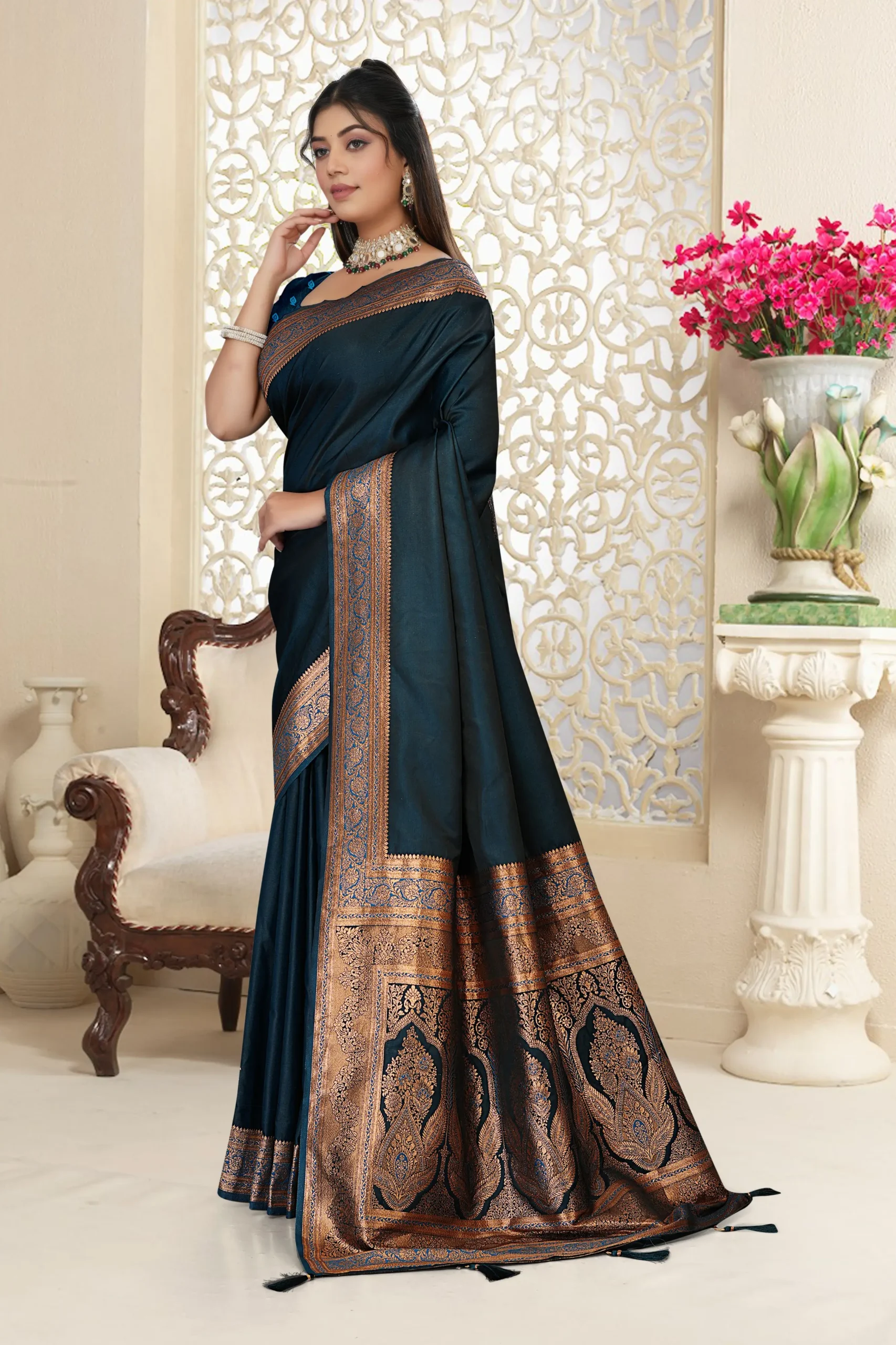 Maharanga Navy Blue Satin Silk Banarasi Saree Draped Look For Wedding & Festive Wear