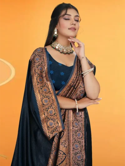 Midnight Blue Satin Silk Banarasi Saree