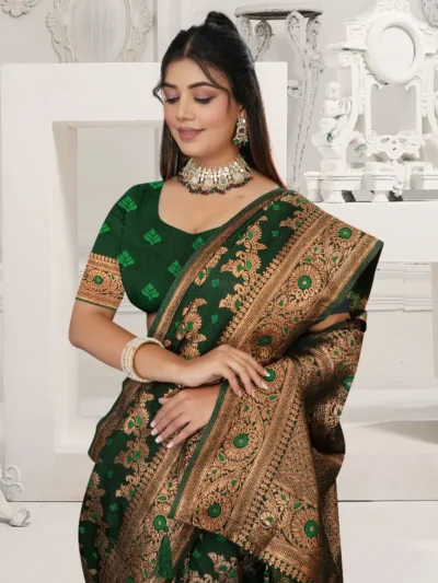 Bottle Green Satin Silk Banarasi Saree with Gold Zari Work Banarasi Saree Close Up