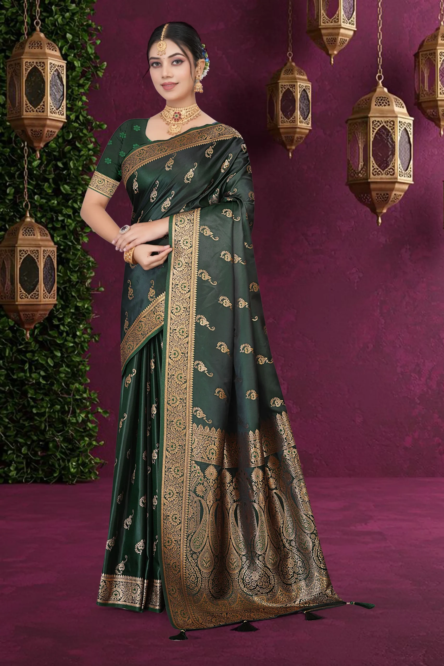 rama green banarasi saree gold zari work
