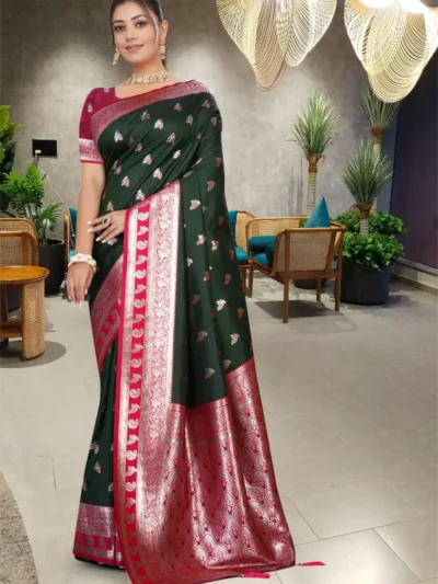 Bottle Green Banarasi Silk Saree with Red Border and Golden Zari Work