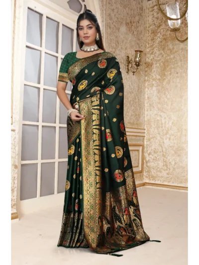 Bottle green satin silk wedding saree with heavy gold zari weaving and peacock pallu