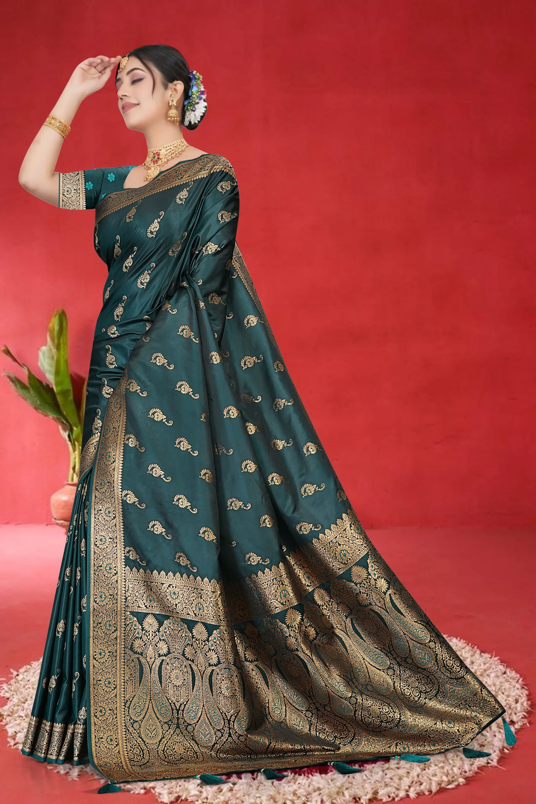 dark blue satin silk banarasi saree for women
