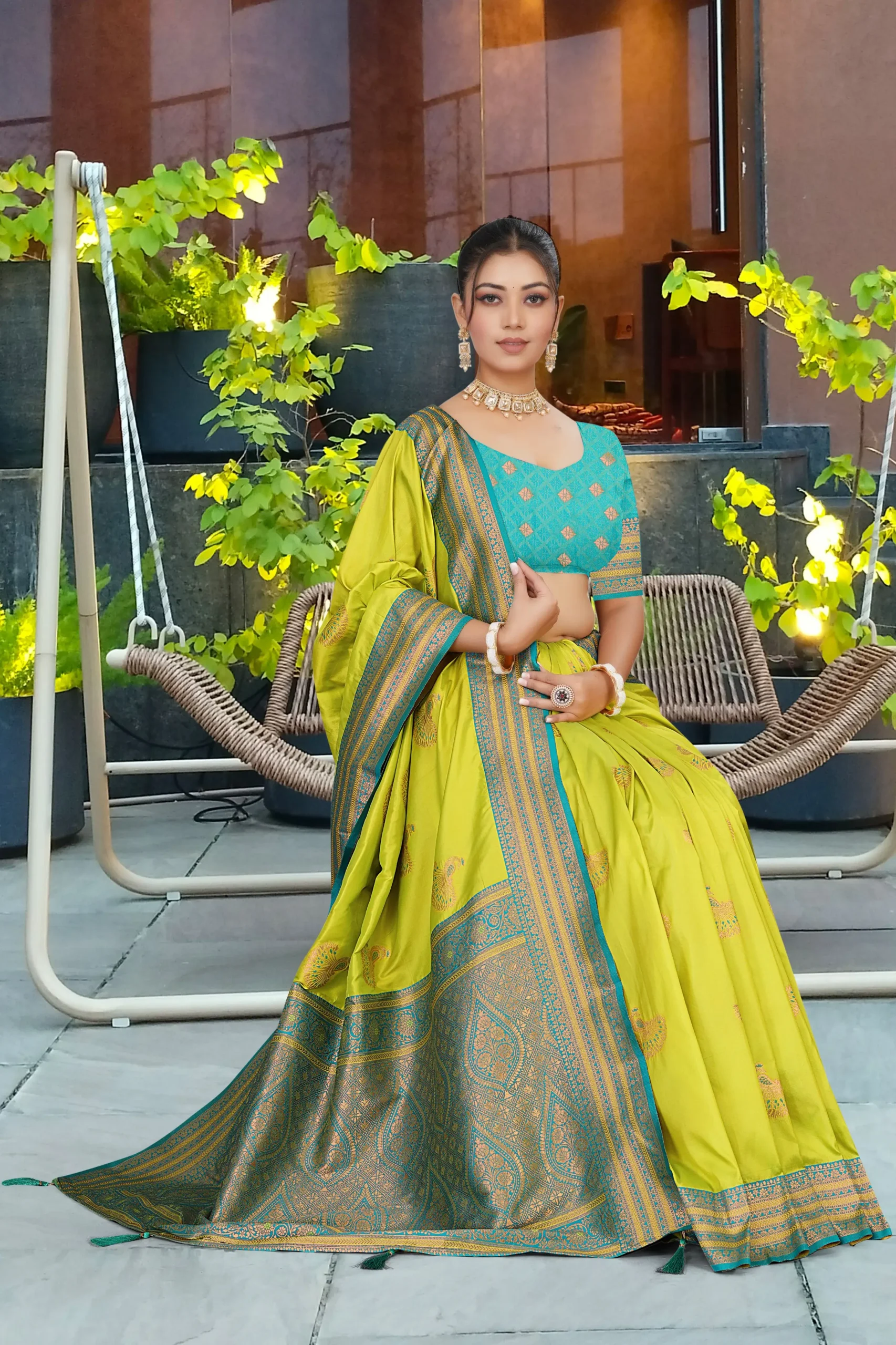 Lime Green Banarasi Silk Saree with Turquoise Blue Border