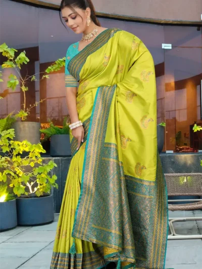 Lime Green Banarasi Silk Saree with Turquoise Blue Border