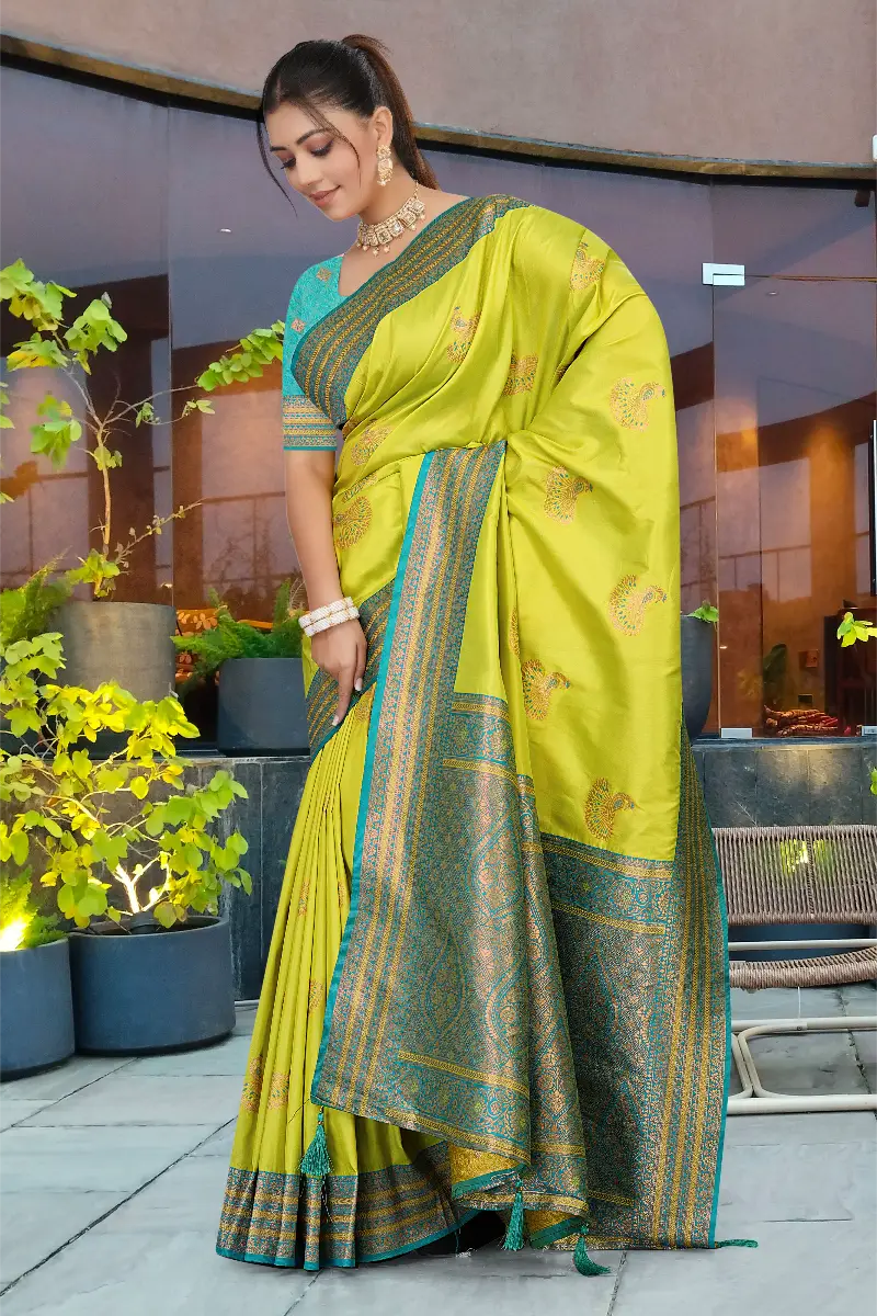 Lime Green Banarasi Silk Saree with Turquoise Blue Border
