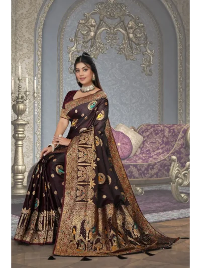 maroon satin silk wedding saree with gold zari border