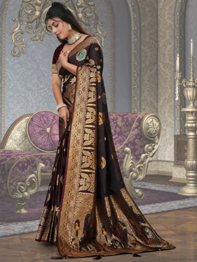 Maharanga maroon satin silk saree with heavy gold zari border and rich designer pallu