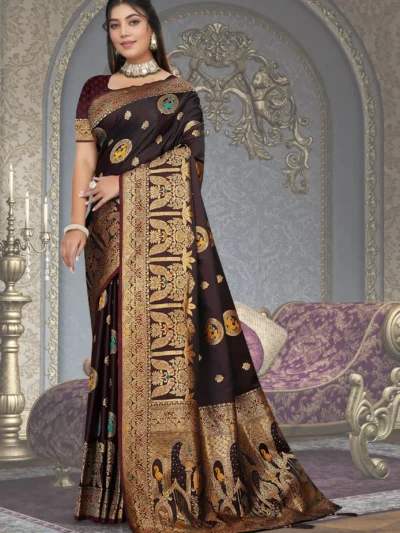 Maharanga maroon satin silk saree with heavy gold zari border and rich designer pallu
