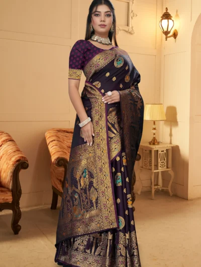 Purple Banarasi satin silk saree with gold zari border for weddings