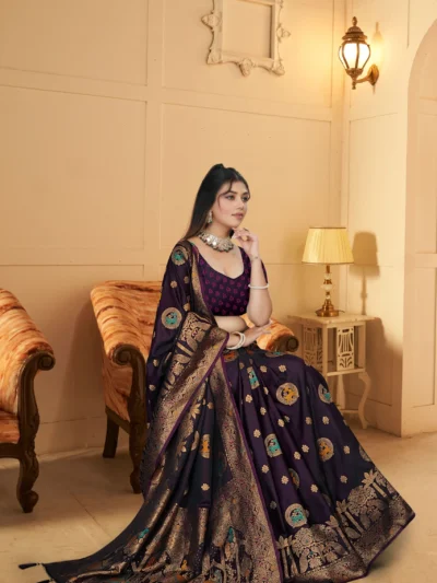 Purple Banarasi satin silk saree with gold zari border for weddings