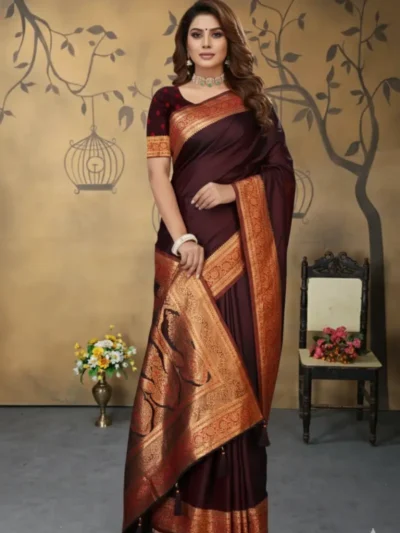 Maroon Banarasi saree for women in satin silk with zari border