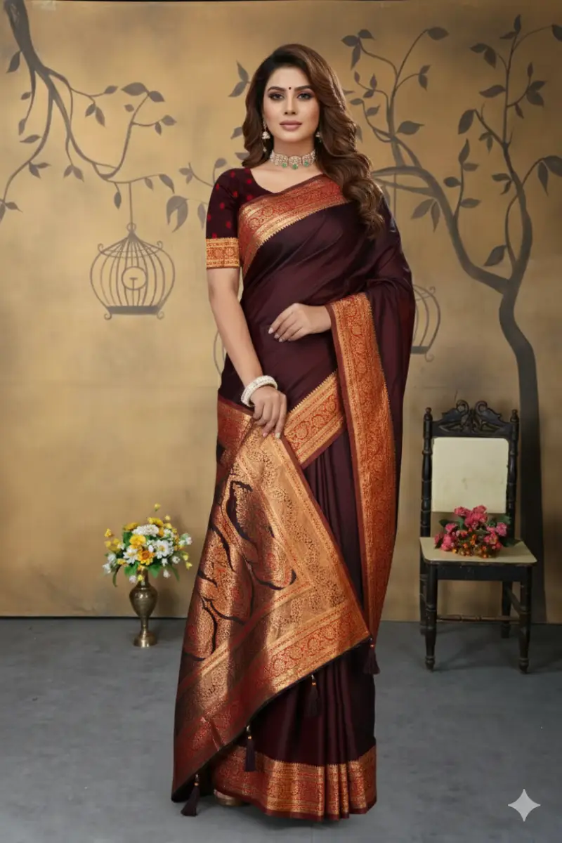 Maroon Banarasi saree for women in satin silk with zari border