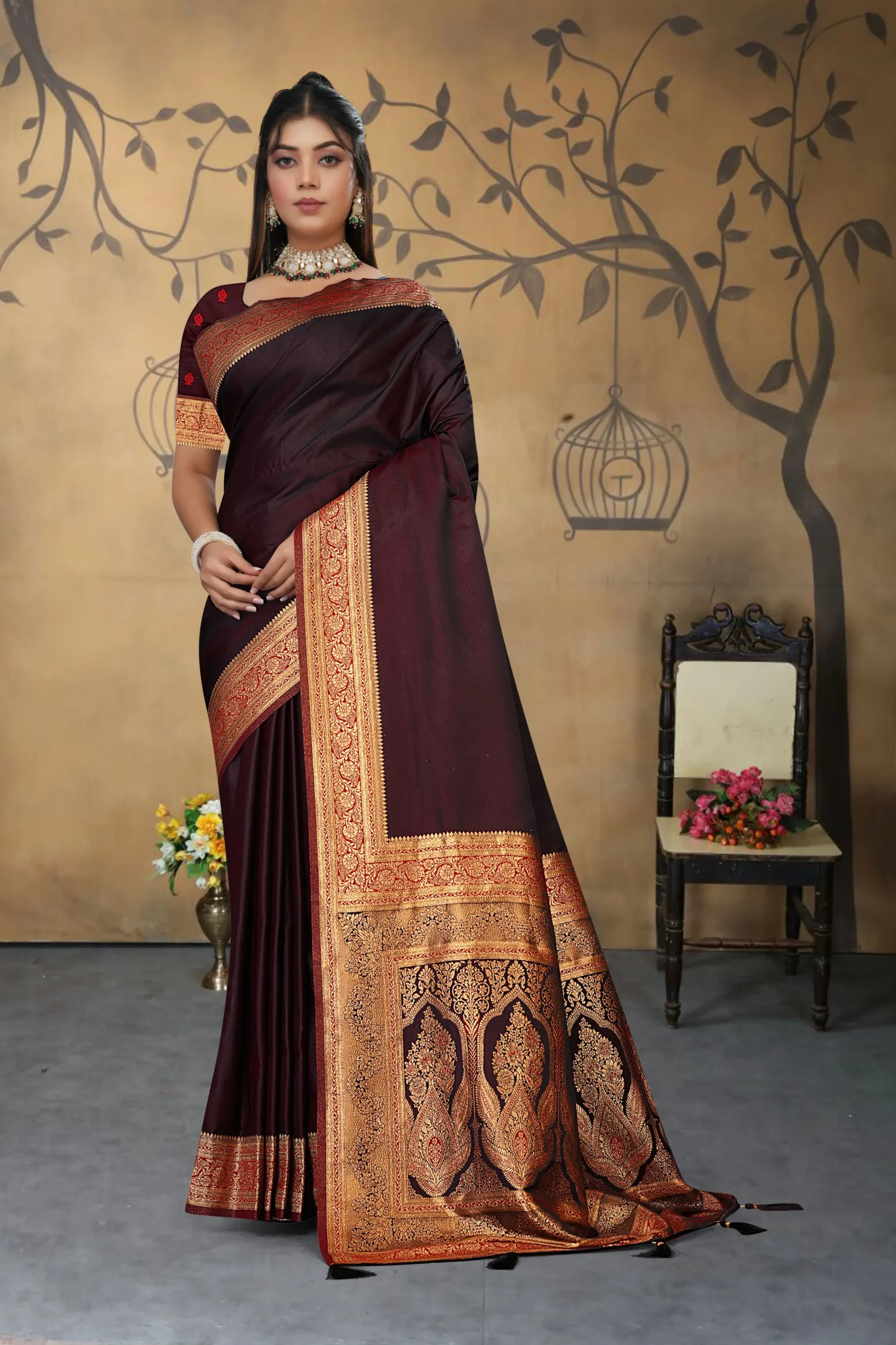 Full view of maroon satin silk Banarasi saree