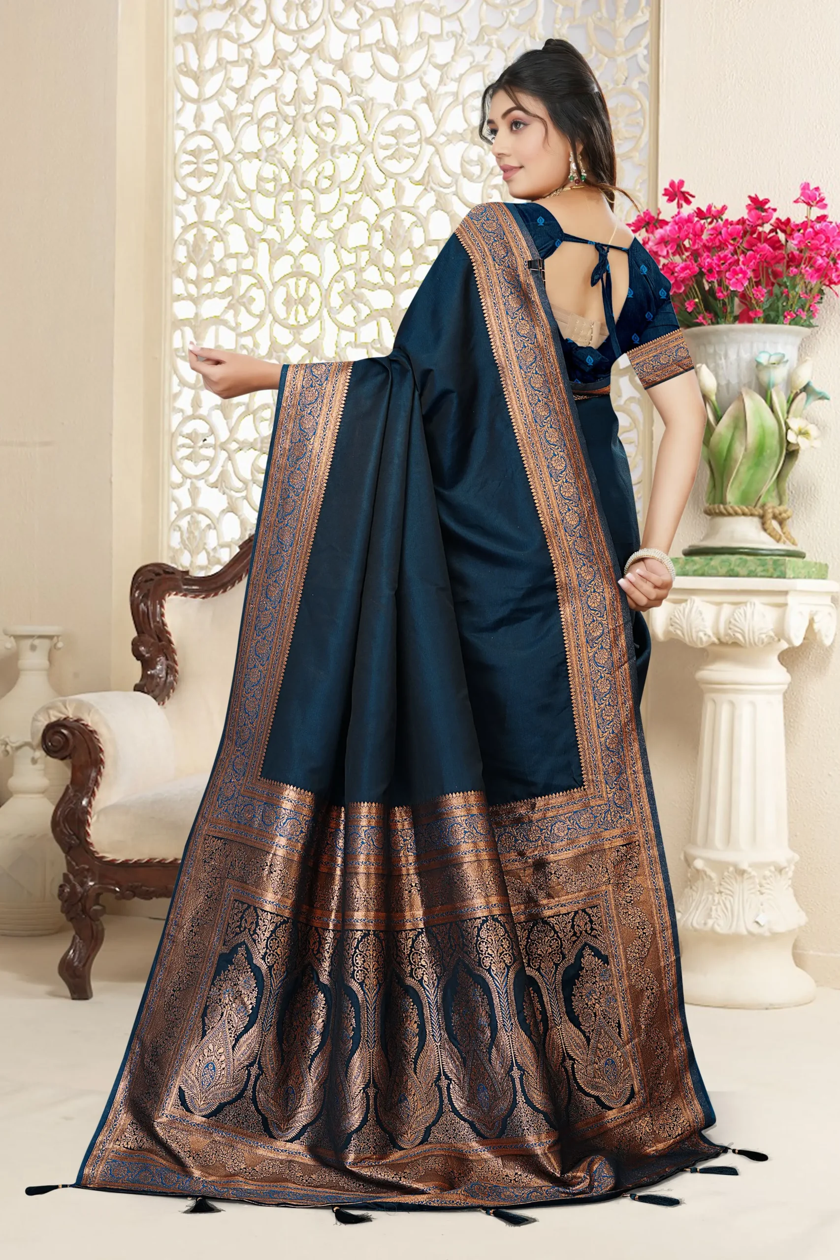 Back View Of Navy Blue Satin Silk Banarasi Saree With Copper Zari Border