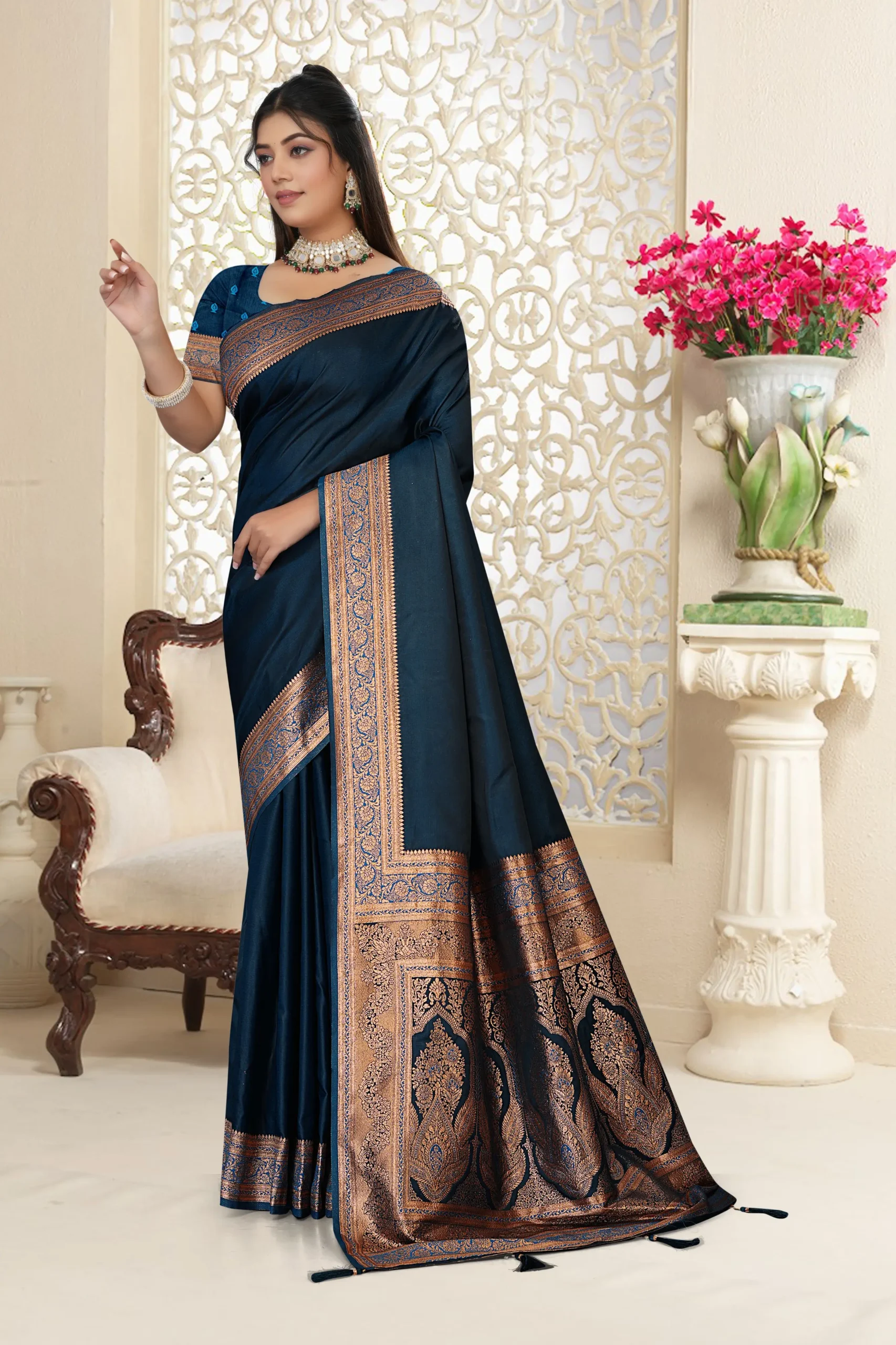 Close-Up Of Copper Zari Border On Navy Blue Satin Silk Banarasi Saree