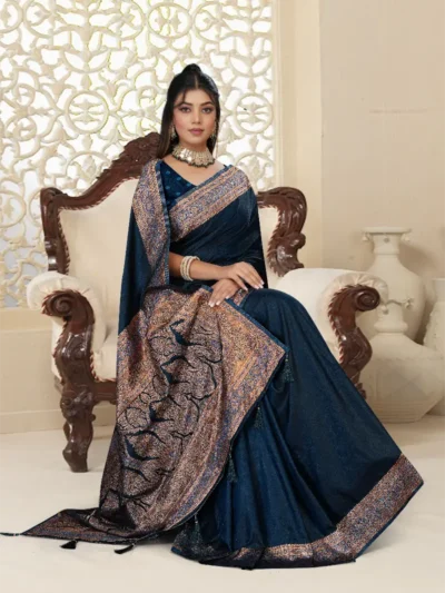 Navy Blue Satin Silk Banarasi Saree Front View