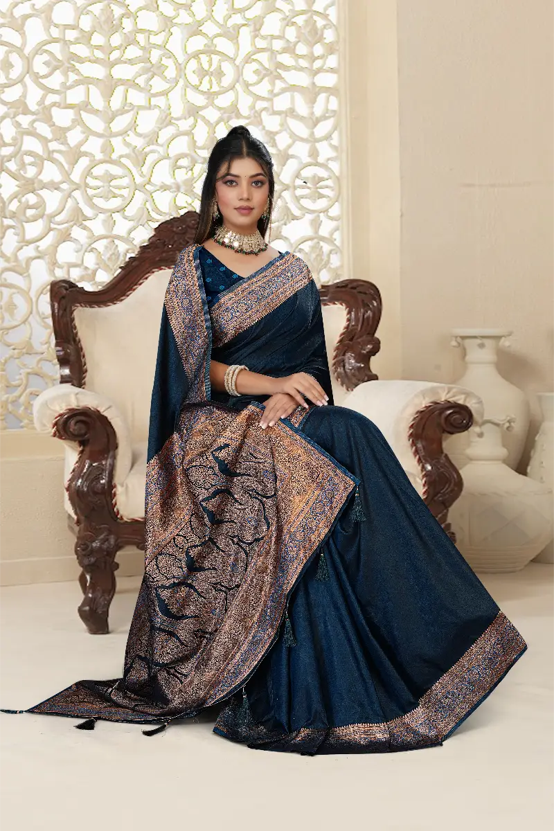 Navy Blue Satin Silk Banarasi Saree Front View