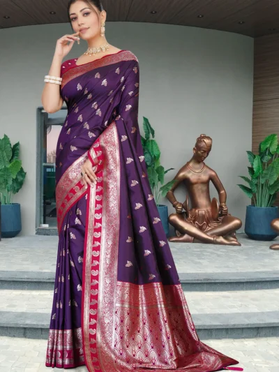 Purple Banarasi Silk Saree with Red Border and Golden Zari Work