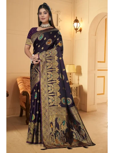 Purple Banarasi satin silk saree with gold zari border for weddings