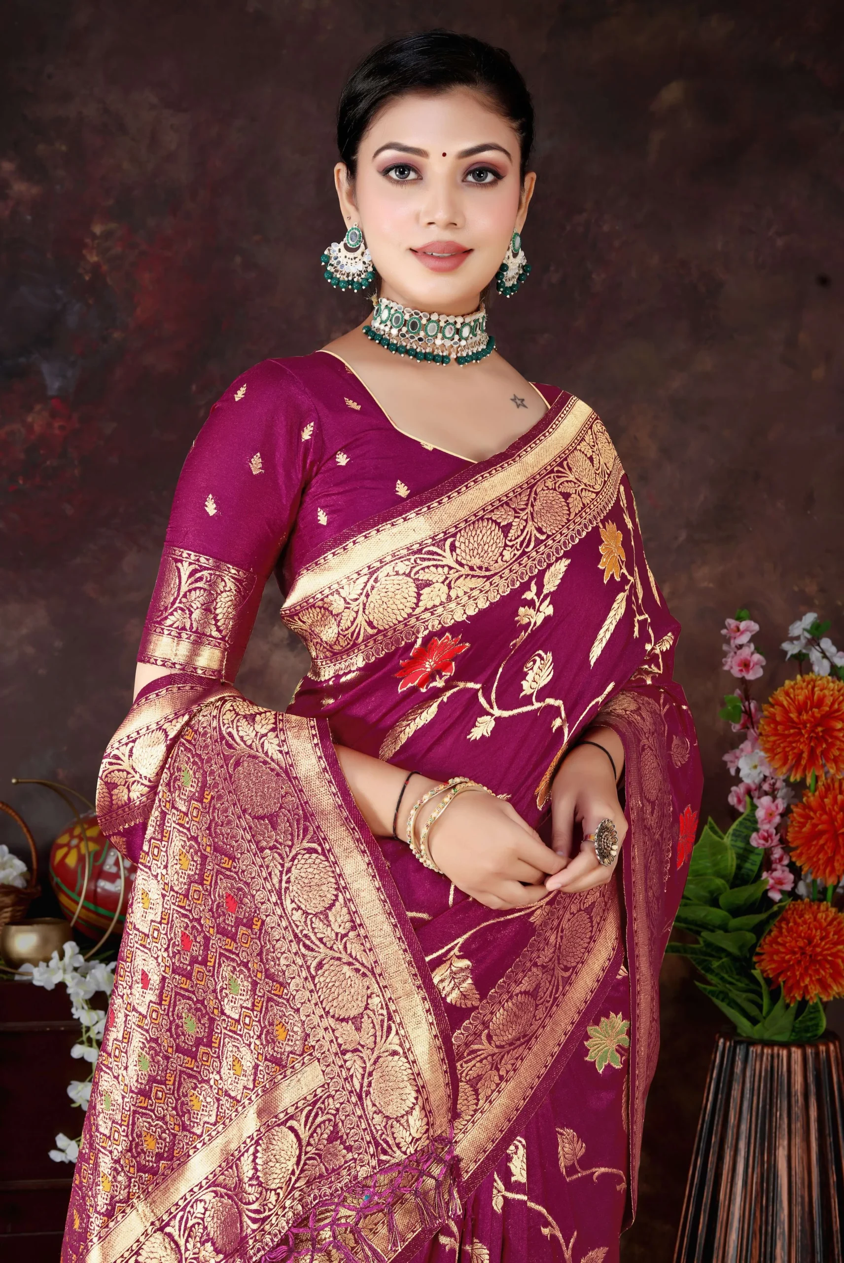 purple dola silk saree with floral motifs silver zari border and tassel pallu