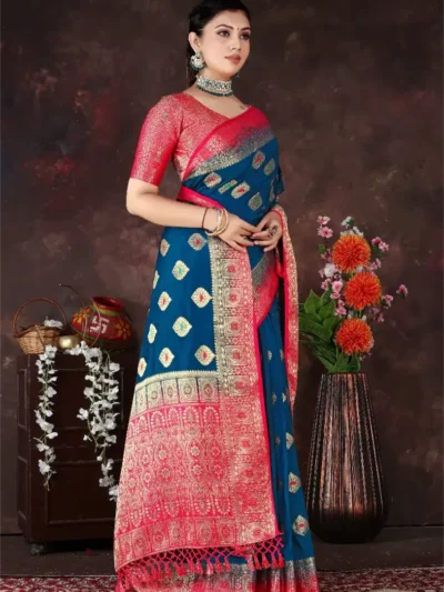 rama blue dola silk saree with pink border zari weaving