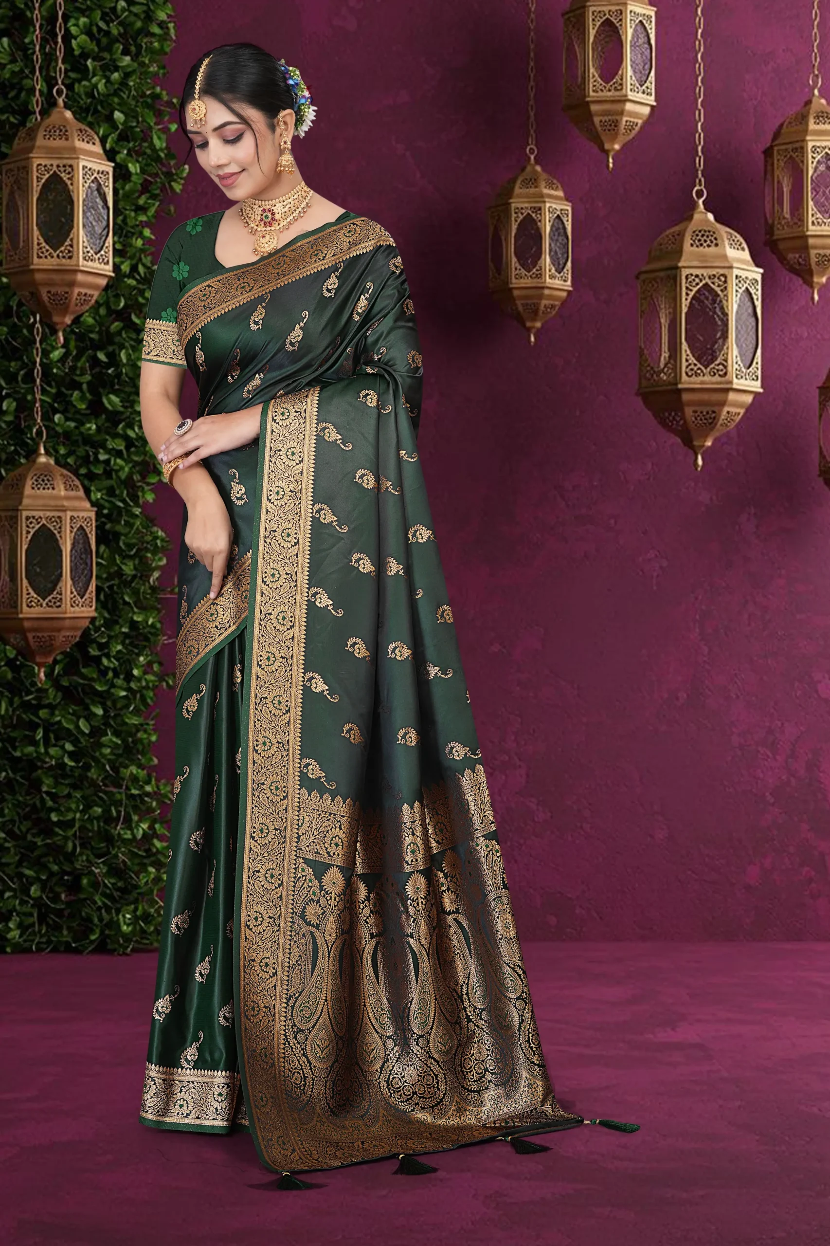 rama green satin silk banarasi saree