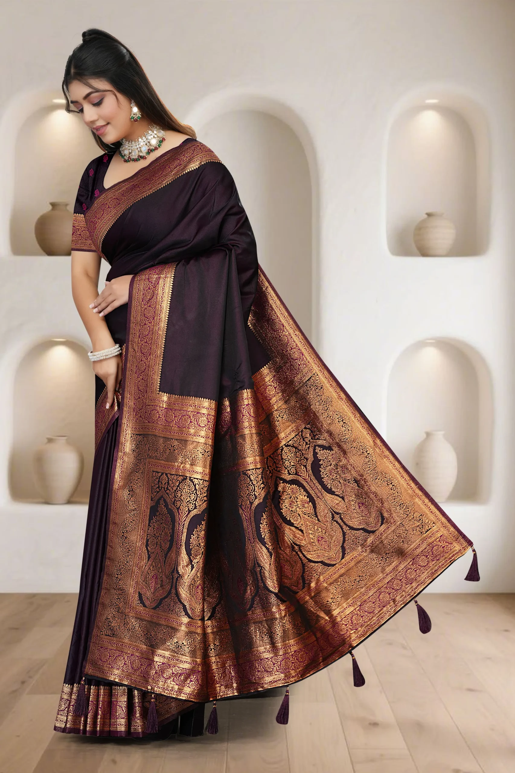 wine purple banarasi saree gold zari border