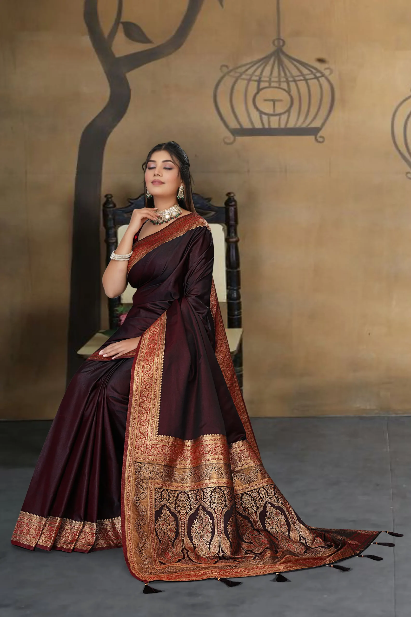 Satin silk fabric texture of maroon saree