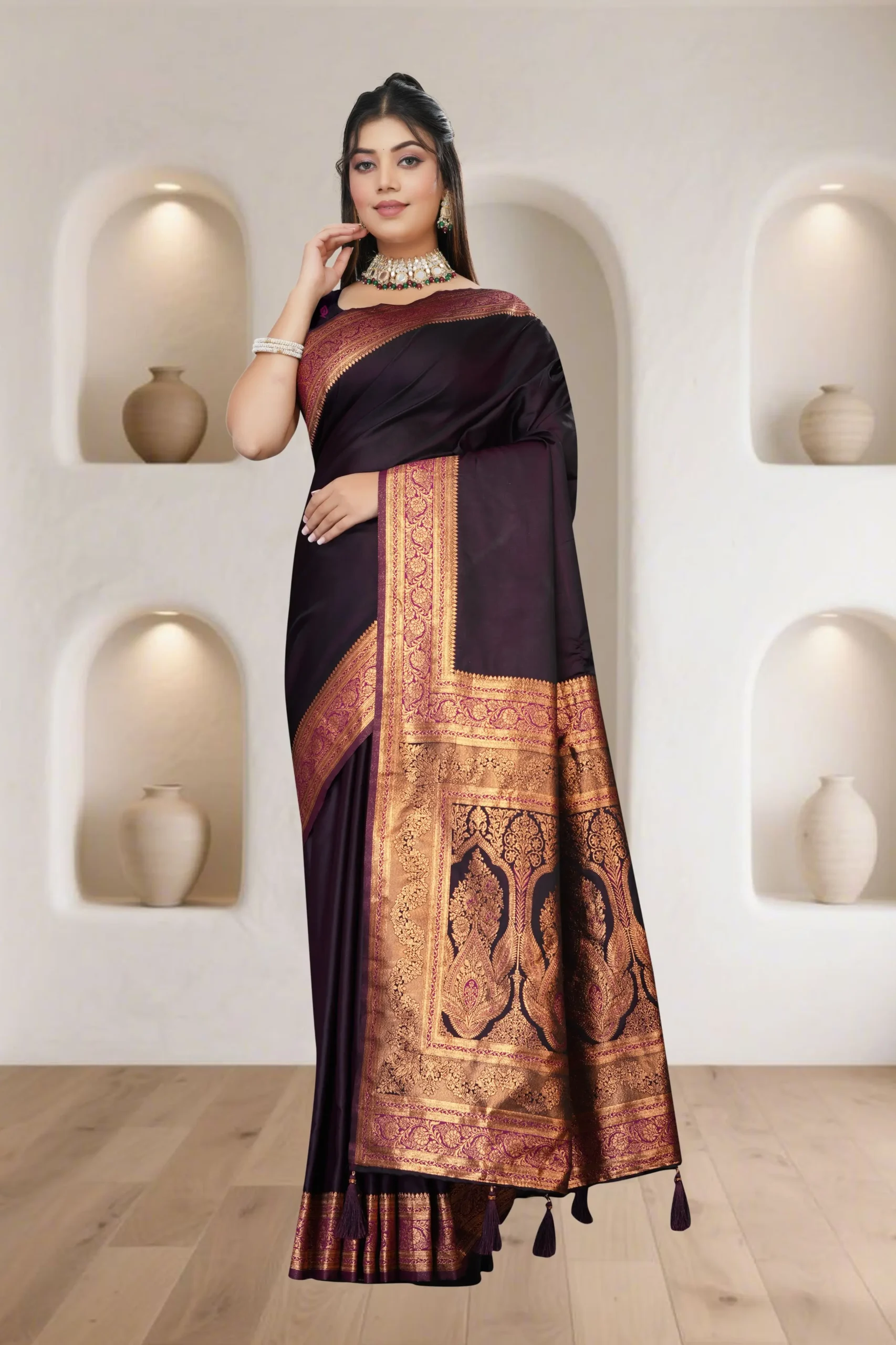 wine purple satin silk banarasi saree for women