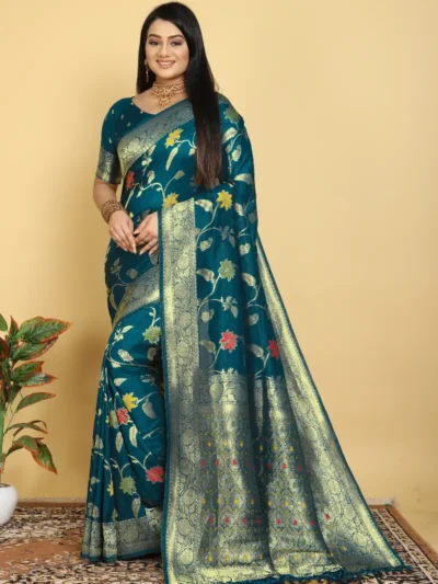 Teal Dola Silk Saree with Floral Work and Zari Border