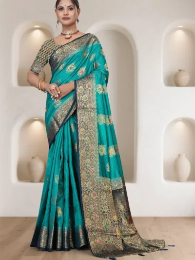 Aqua Blue Dola Silk Saree with Zari Meena Work & Gold Border | Maharanga Wedding Festive Saree