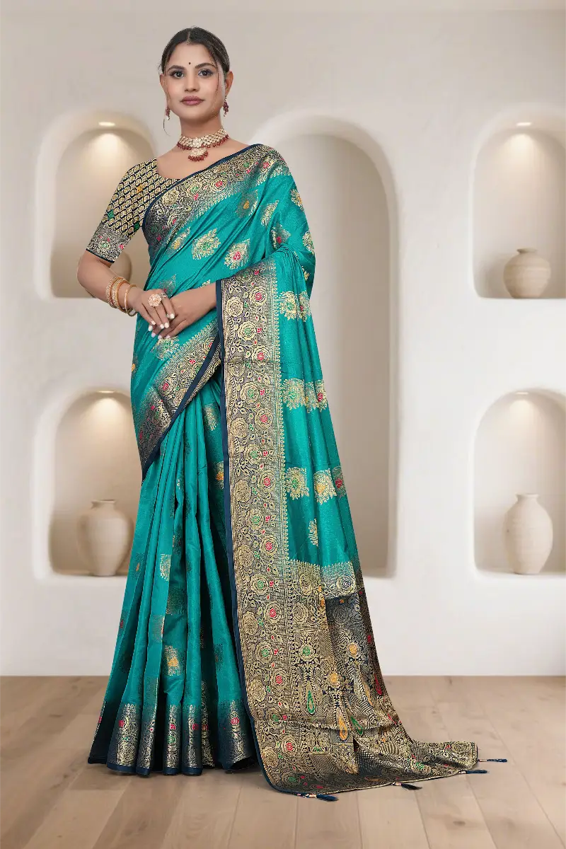 Aqua Blue Dola Silk Saree with Zari Meena Work & Gold Border | Maharanga Wedding Festive Saree