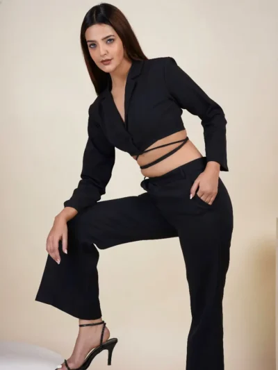 Black blazer co-ord set with cropped tie string blazer and flared pants for women