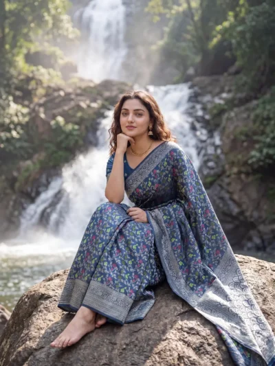 Blue Dola Silk Saree with Silver Zari Saree pallu design with Silver Zari woven detailing