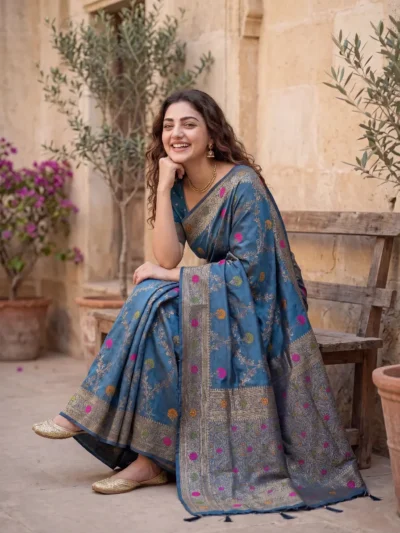 Blue Dola Silk Saree pallu design with Golden Zari woven detailing