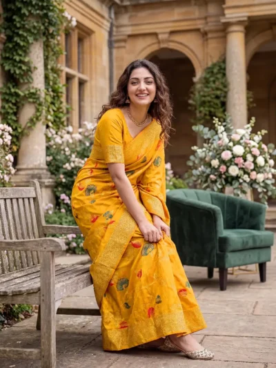 Full view of Mustard Dola Silk Saree with Golden Zari ethnic wear Maharanga